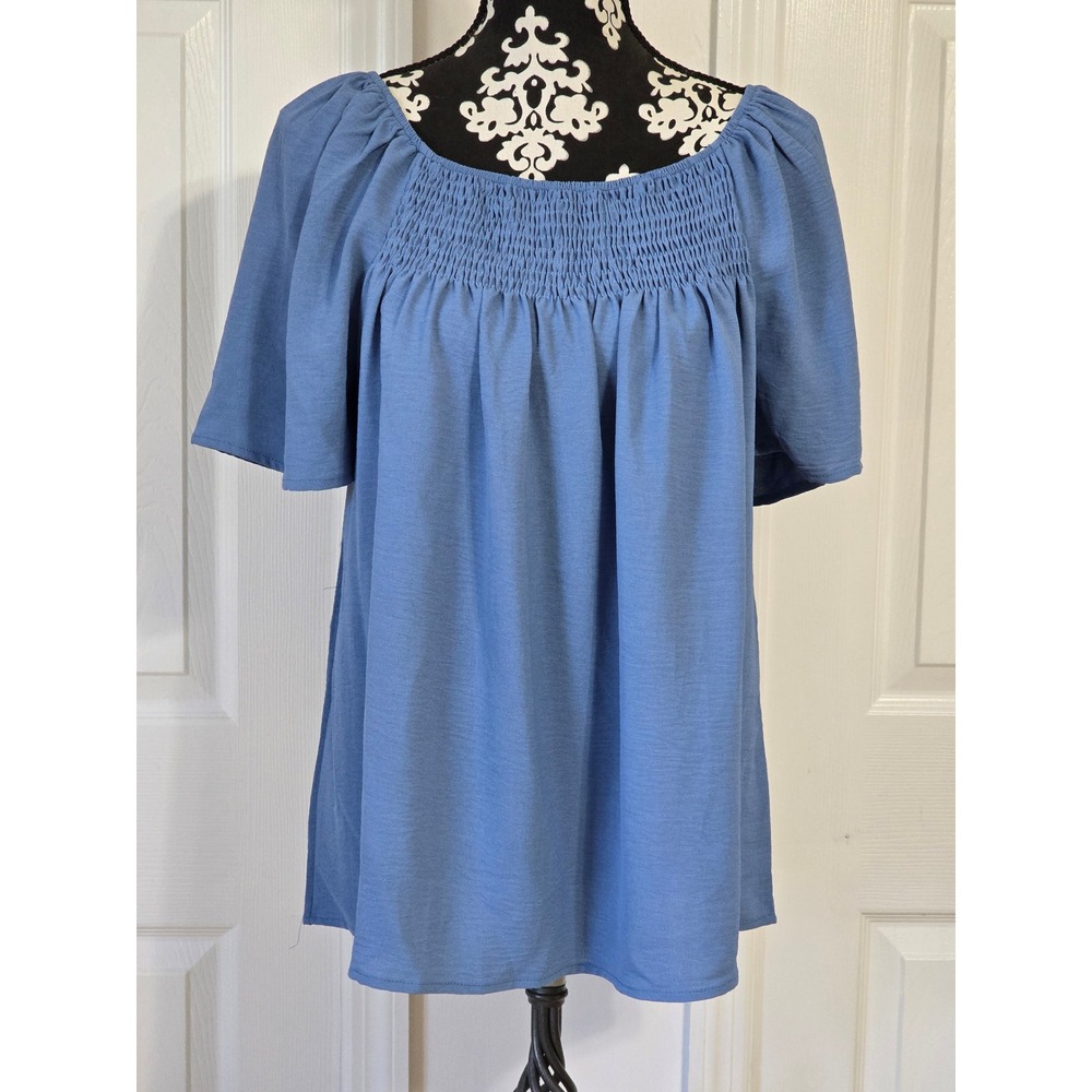 Blue Smocked Square Neck‎ Puff Sleeve Tunic Top LXL